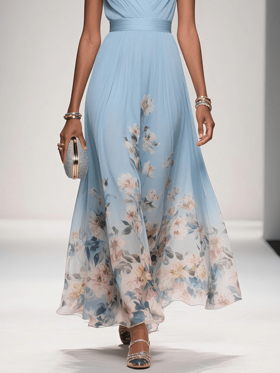 Floral Maxi Dress for Women - Sleeveless V-Neck, Wide Straps, Waistband - Ideal for Summer Events and Casual Outings