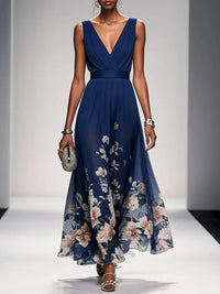 Floral Maxi Dress for Women - Sleeveless V-Neck, Wide Straps, Waistband - Ideal for Summer Events and Casual Outings