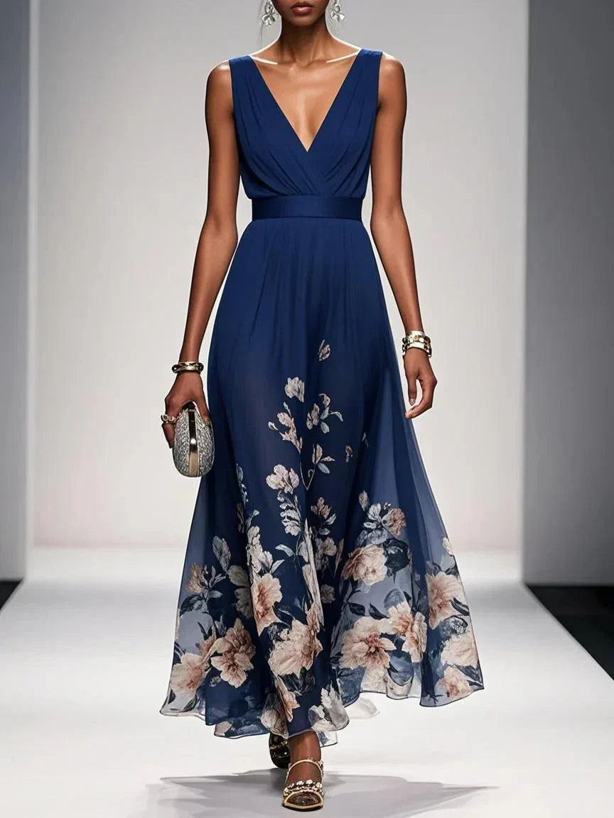 Floral Maxi Dress for Women - Sleeveless V-Neck, Wide Straps, Waistband - Ideal for Summer Events and Casual Outings
