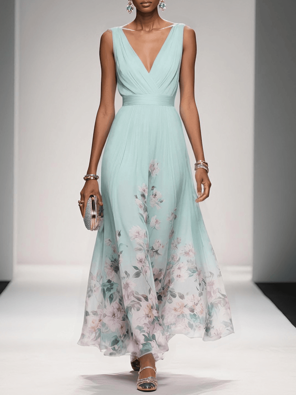 Floral Maxi Dress for Women - Sleeveless V-Neck, Wide Straps, Waistband - Ideal for Summer Events and Casual Outings