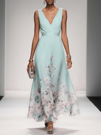 Floral Maxi Dress for Women - Sleeveless V-Neck, Wide Straps, Waistband - Ideal for Summer Events and Casual Outings