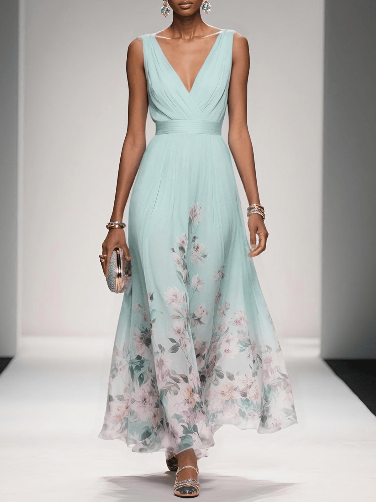 Floral Maxi Dress for Women - Sleeveless V-Neck, Wide Straps, Waistband - Ideal for Summer Events and Casual Outings