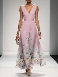 Floral Maxi Dress for Women - Sleeveless V-Neck, Wide Straps, Waistband - Ideal for Summer Events and Casual Outings