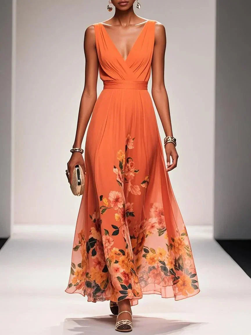 Floral Maxi Dress for Women - Sleeveless V-Neck, Wide Straps, Waistband - Ideal for Summer Events and Casual Outings