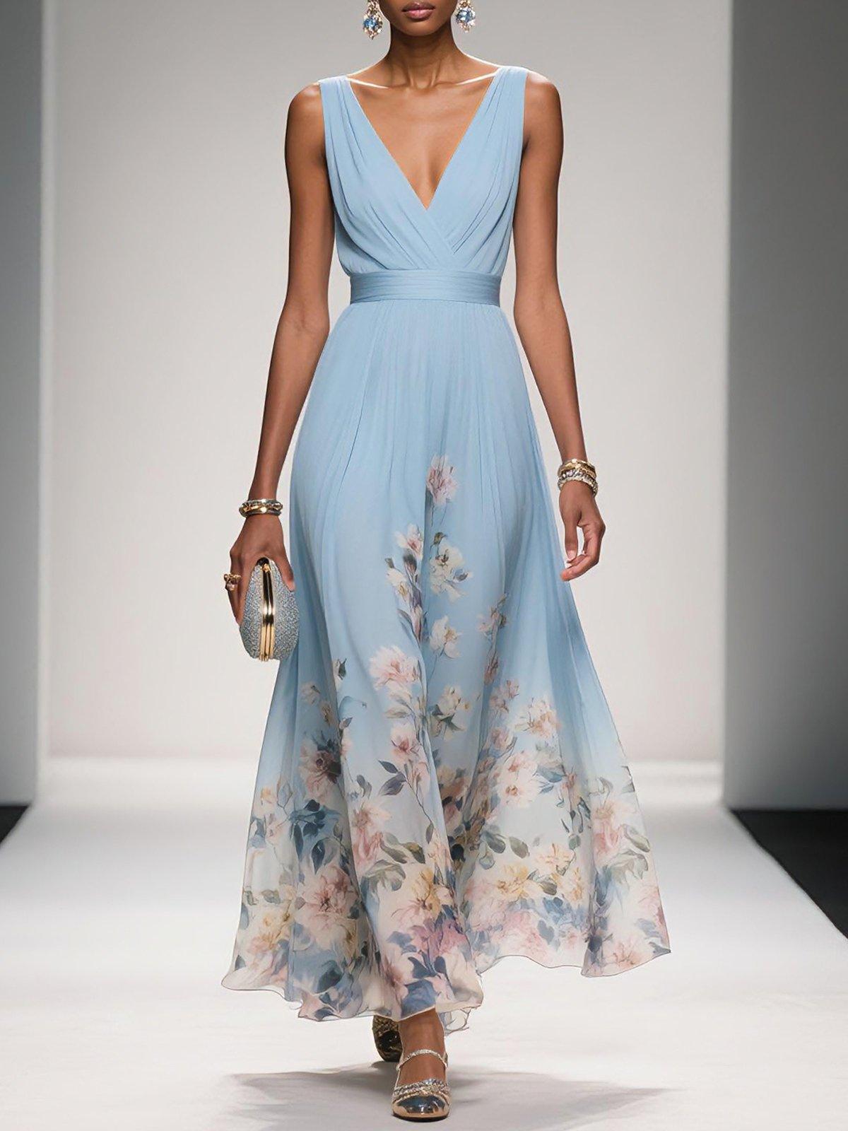 Floral Maxi Dress for Women - Sleeveless V-Neck, Wide Straps, Waistband - Ideal for Summer Events and Casual Outings