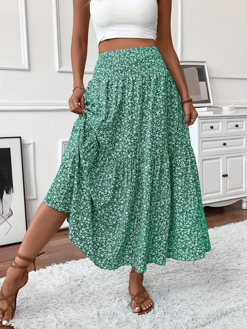 Floral Print Midi Skirt - Lightweight Fabric - Casual Everyday Wear