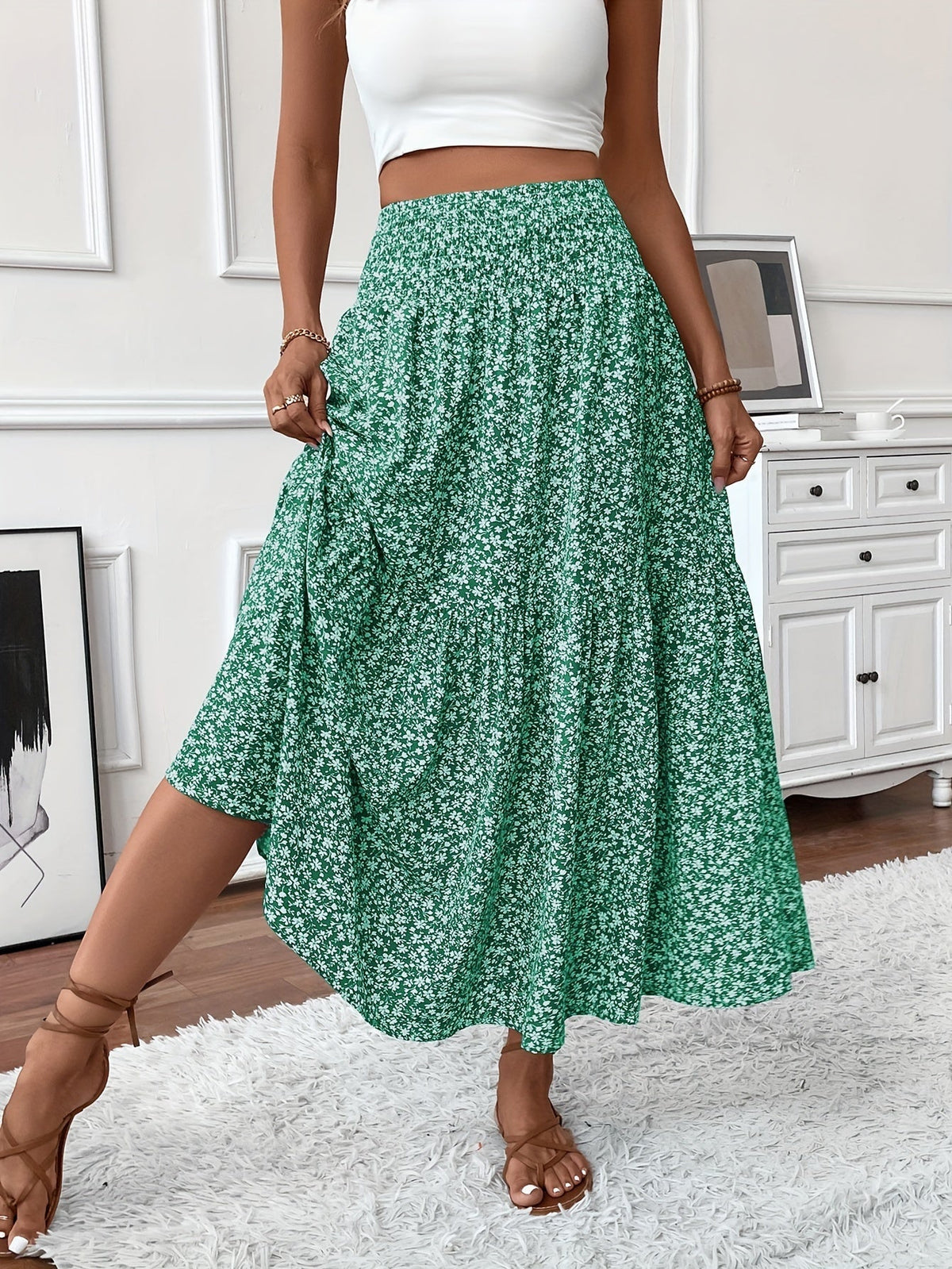 Floral Print Midi Skirt - Lightweight Fabric - Casual Everyday Wear