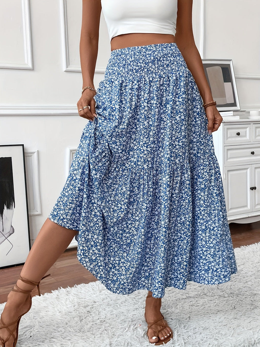Floral Print Midi Skirt - Lightweight Fabric - Casual Everyday Wear