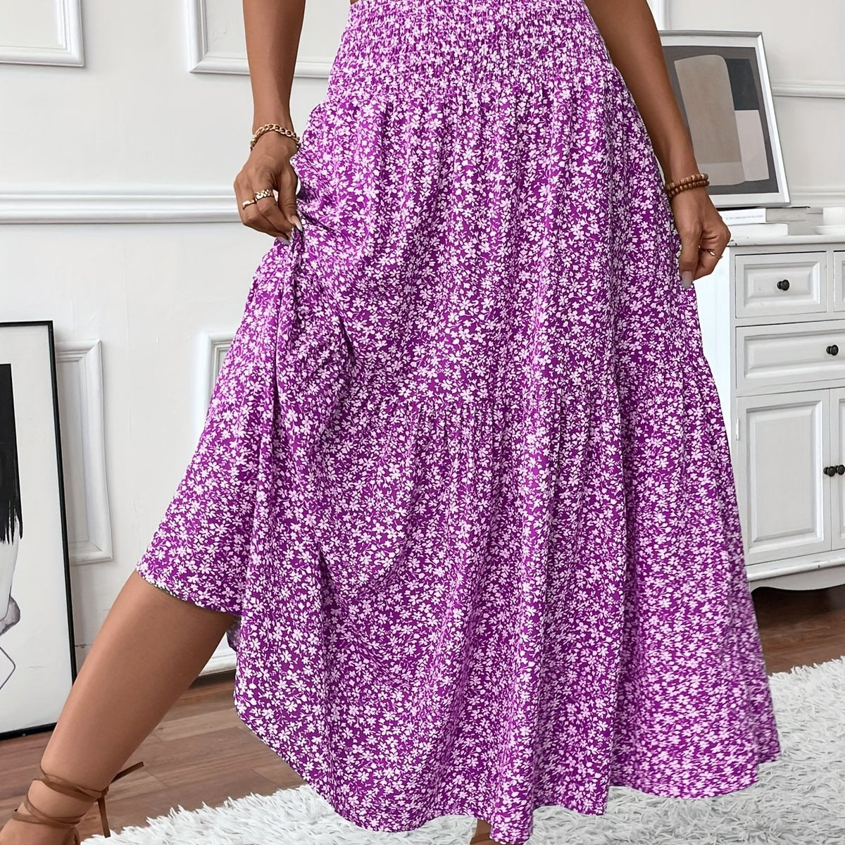 Floral Print Midi Skirt - Lightweight Fabric - Casual Everyday Wear