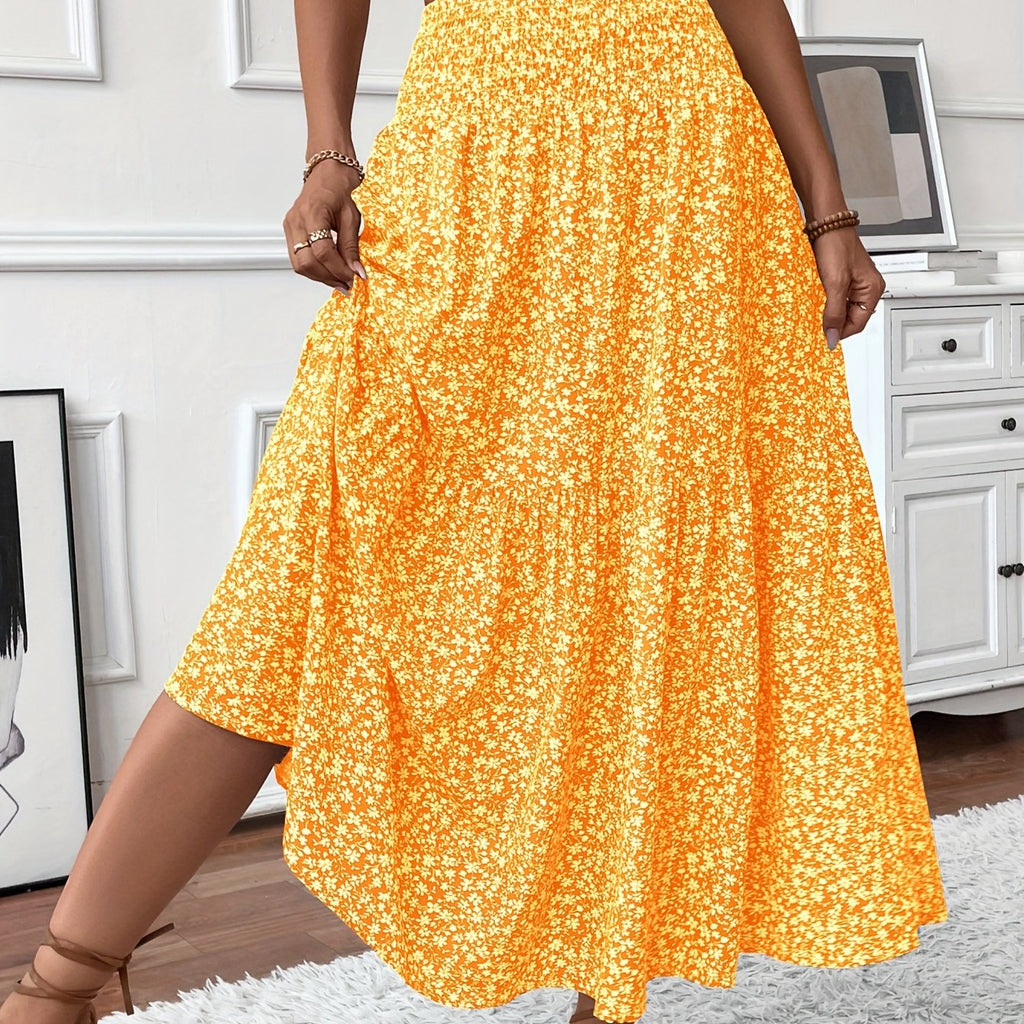 Floral Print Midi Skirt - Lightweight Fabric - Casual Everyday Wear