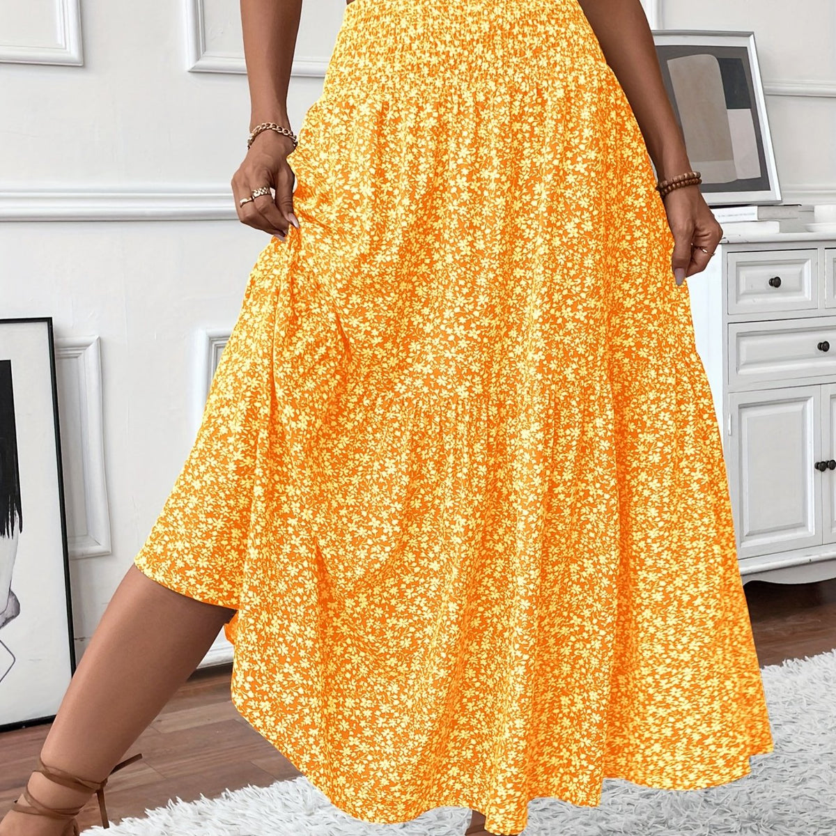 Floral Print Midi Skirt - Lightweight Fabric - Casual Everyday Wear