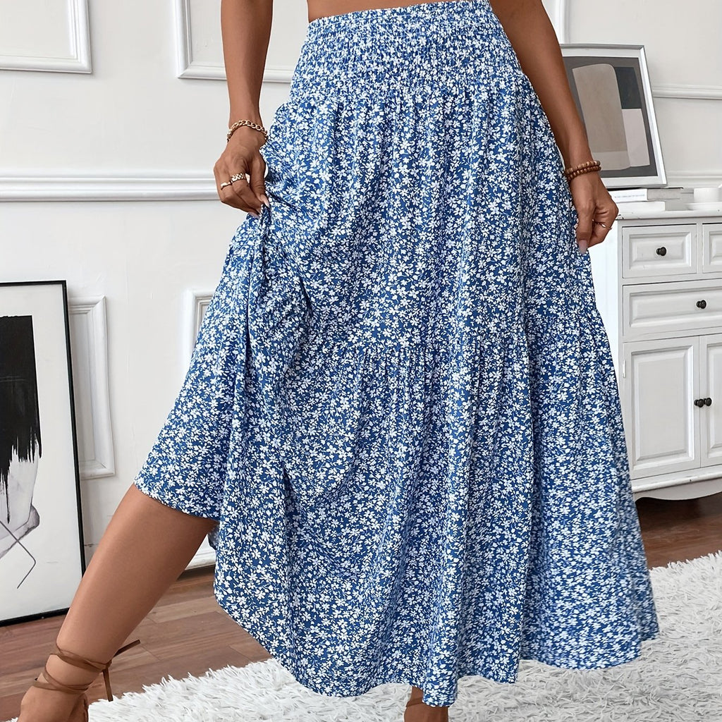 Floral Print Midi Skirt - Lightweight Fabric - Casual Everyday Wear