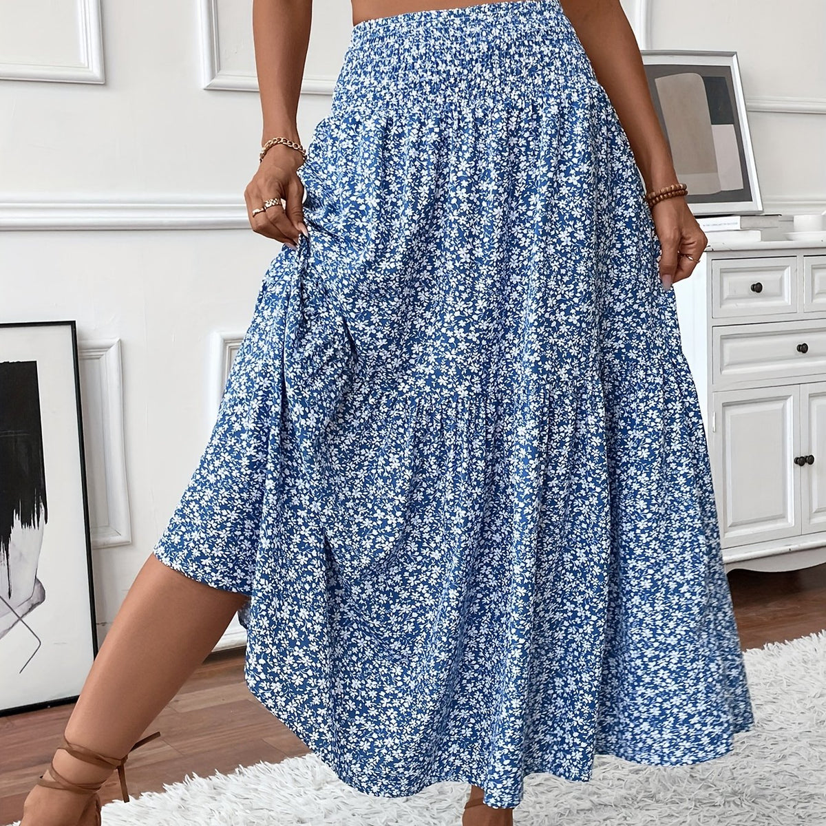 Floral Print Midi Skirt - Lightweight Fabric - Casual Everyday Wear