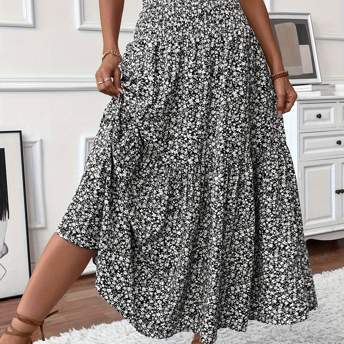 Floral Print Midi Skirt - Lightweight Fabric - Casual Everyday Wear
