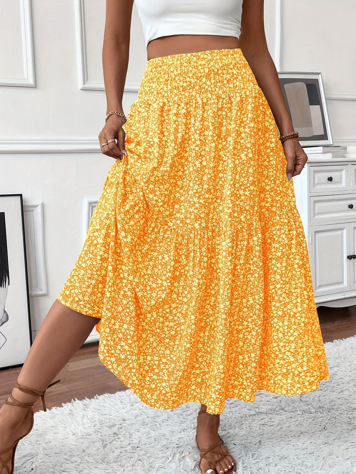 Floral Print Midi Skirt - Lightweight Fabric - Casual Everyday Wear