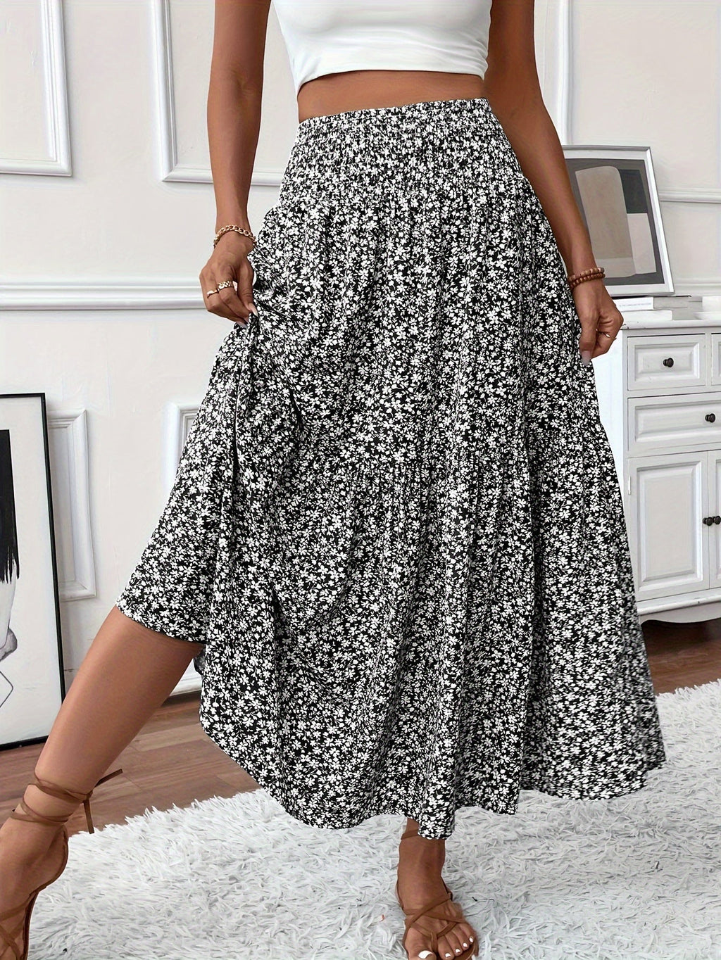 Floral Print Midi Skirt - Lightweight Fabric - Casual Everyday Wear