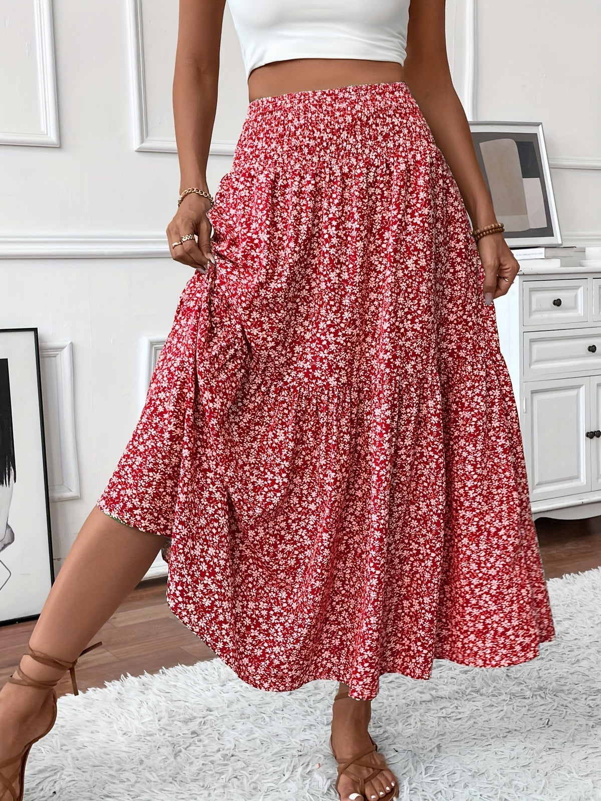 Floral Print Midi Skirt - Lightweight Fabric - Casual Everyday Wear