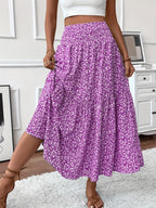 Floral Print Midi Skirt - Lightweight Fabric - Casual Everyday Wear