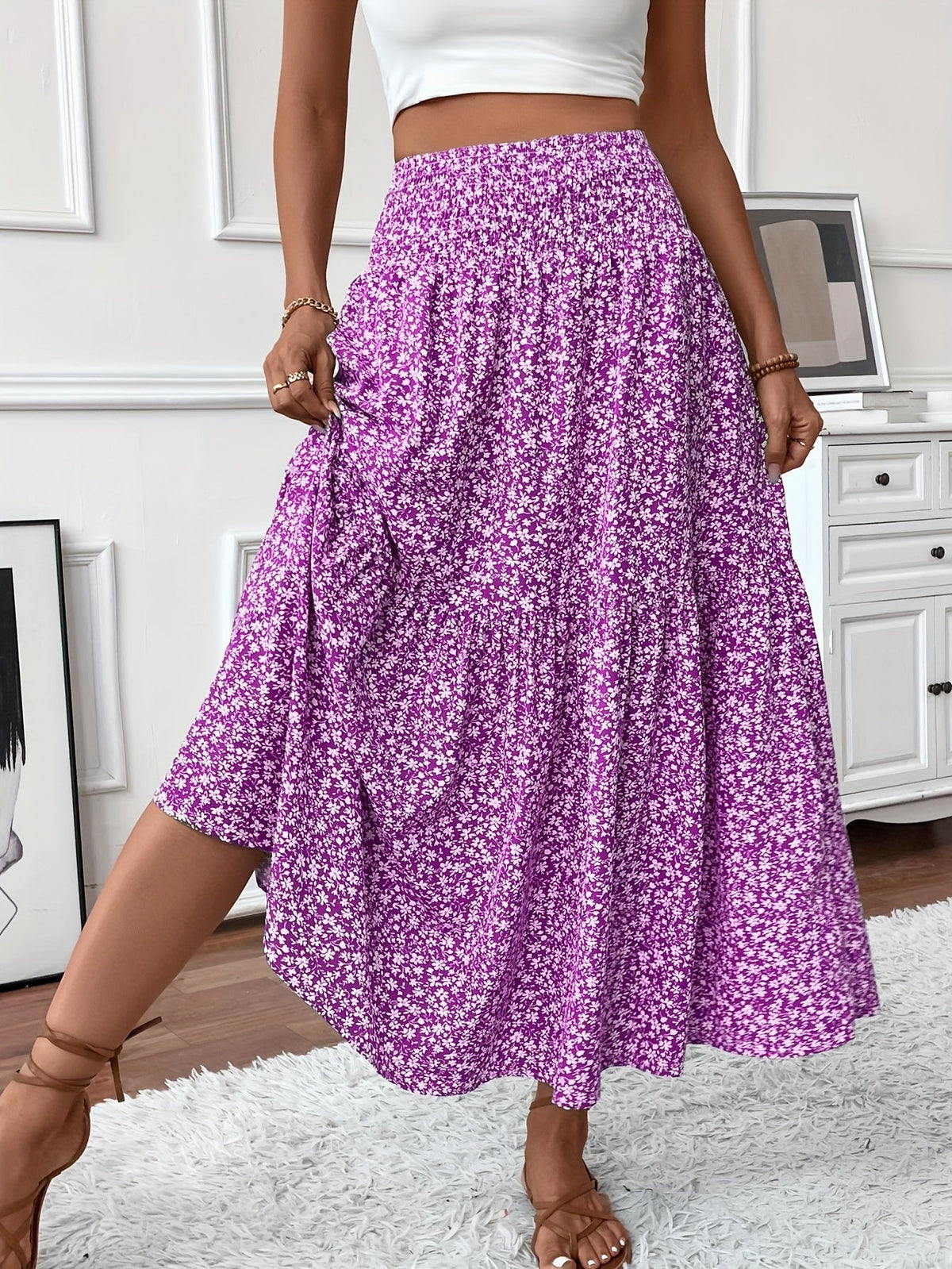 Floral Print Midi Skirt - Lightweight Fabric - Casual Everyday Wear