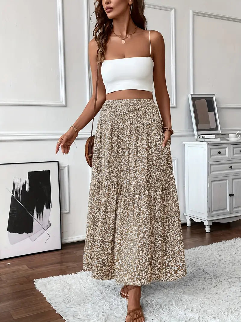 Floral Print Midi Skirt - Lightweight Fabric - Casual Everyday Wear