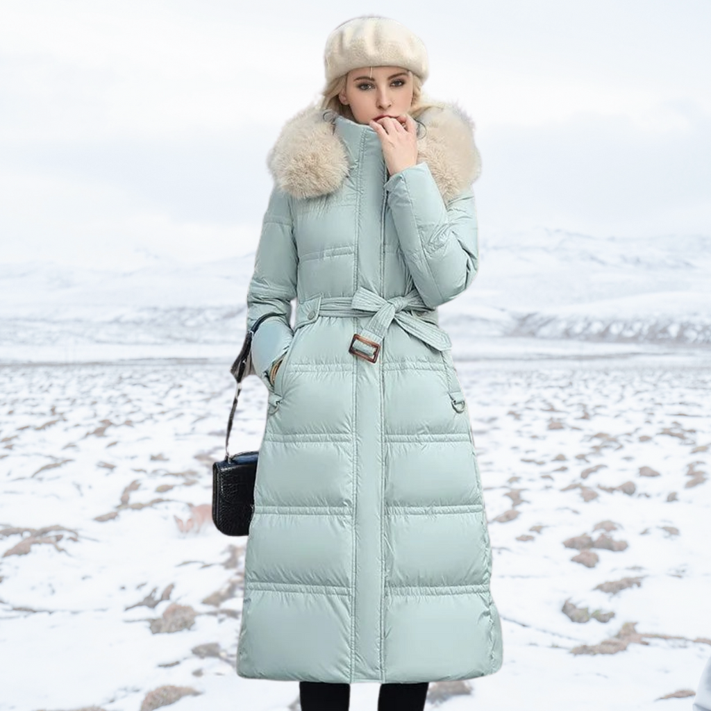 Women's Fur-Hooded Winter Parka – Loose Fit Outdoor Coat – Blue and White