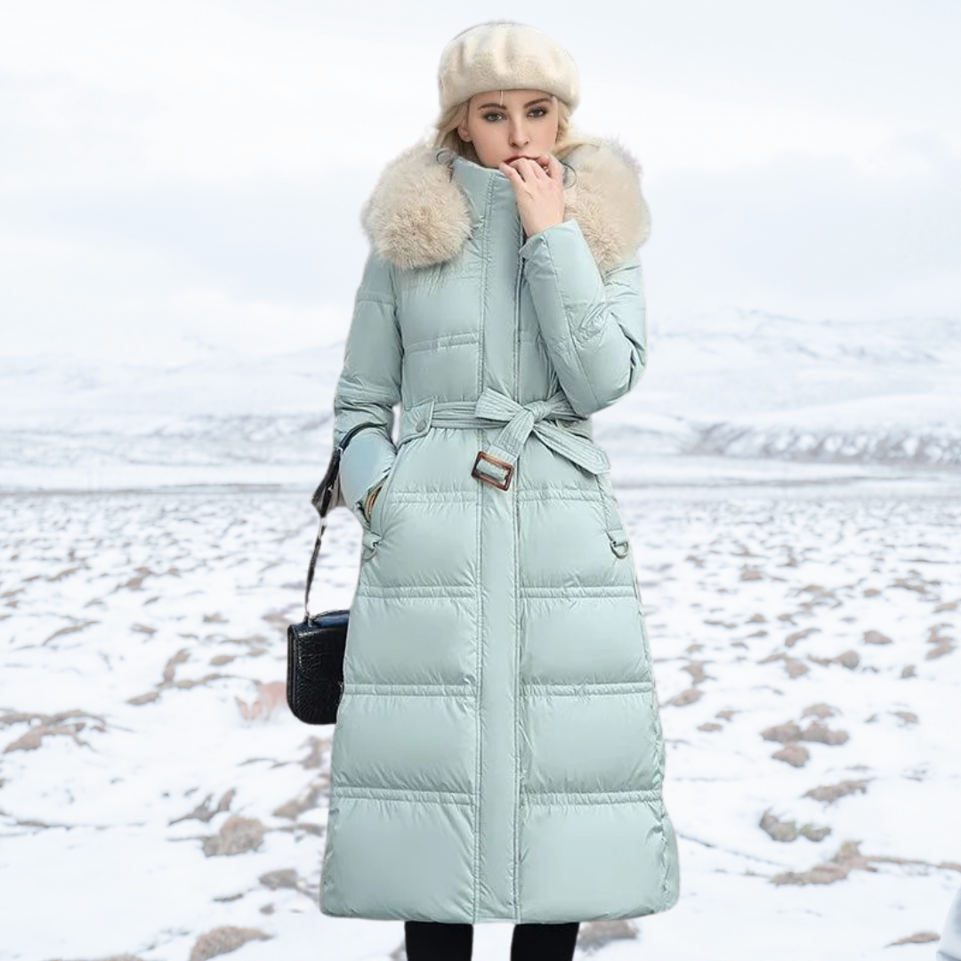 Women's Fur-Hooded Winter Parka – Loose Fit Outdoor Coat – Blue and White