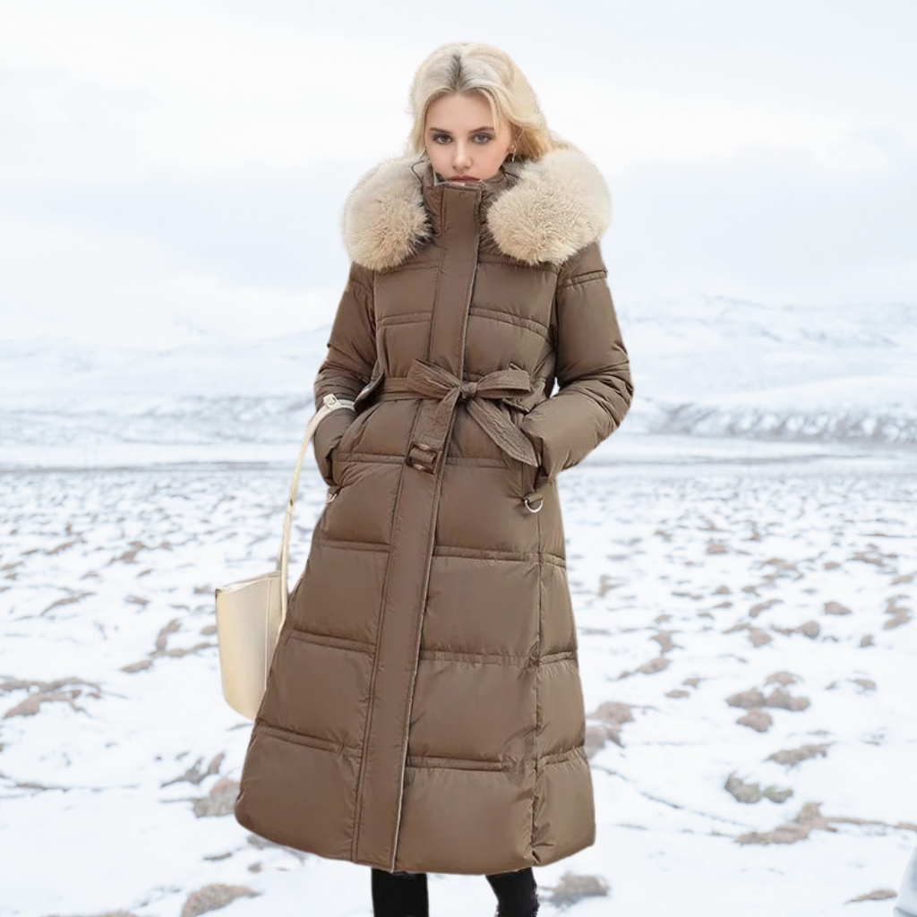 Women's Fur-Hooded Winter Parka – Loose Fit Outdoor Coat – Brown and Beige