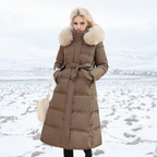Women's Fur-Hooded Winter Parka – Loose Fit Outdoor Coat – Brown and Beige