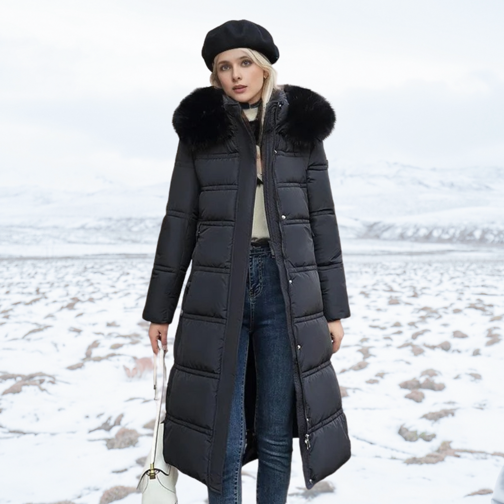 Women's Fur-Hooded Winter Parka – Loose Fit Outdoor Coat – Black