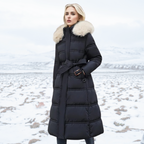 Women's Fur-Hooded Winter Parka – Loose Fit Outdoor Coat – Black and White