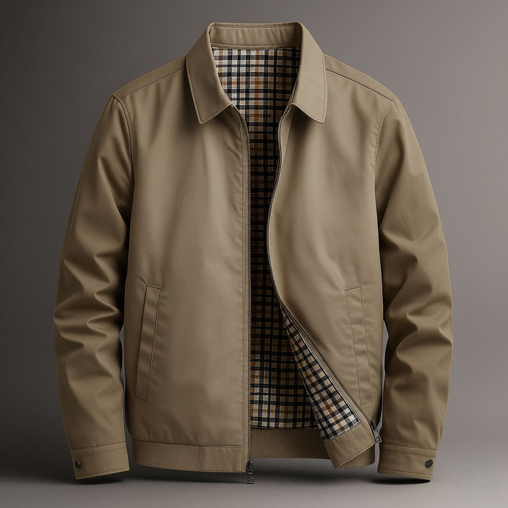 Men's Cotton Zip Jacket with Check Lining – Dark Khaki
