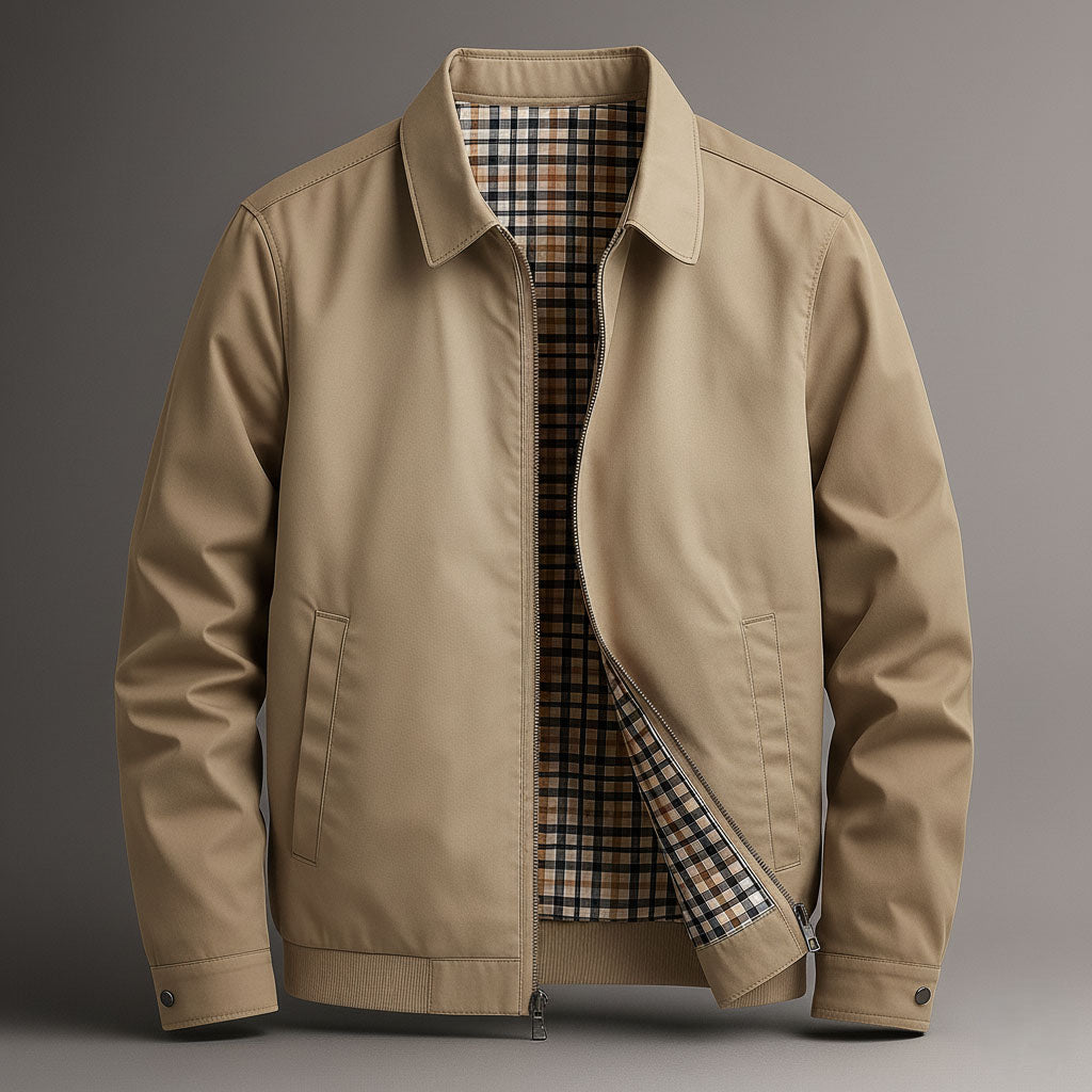 Men's Cotton Zip Jacket with Check Lining – Light Khaki