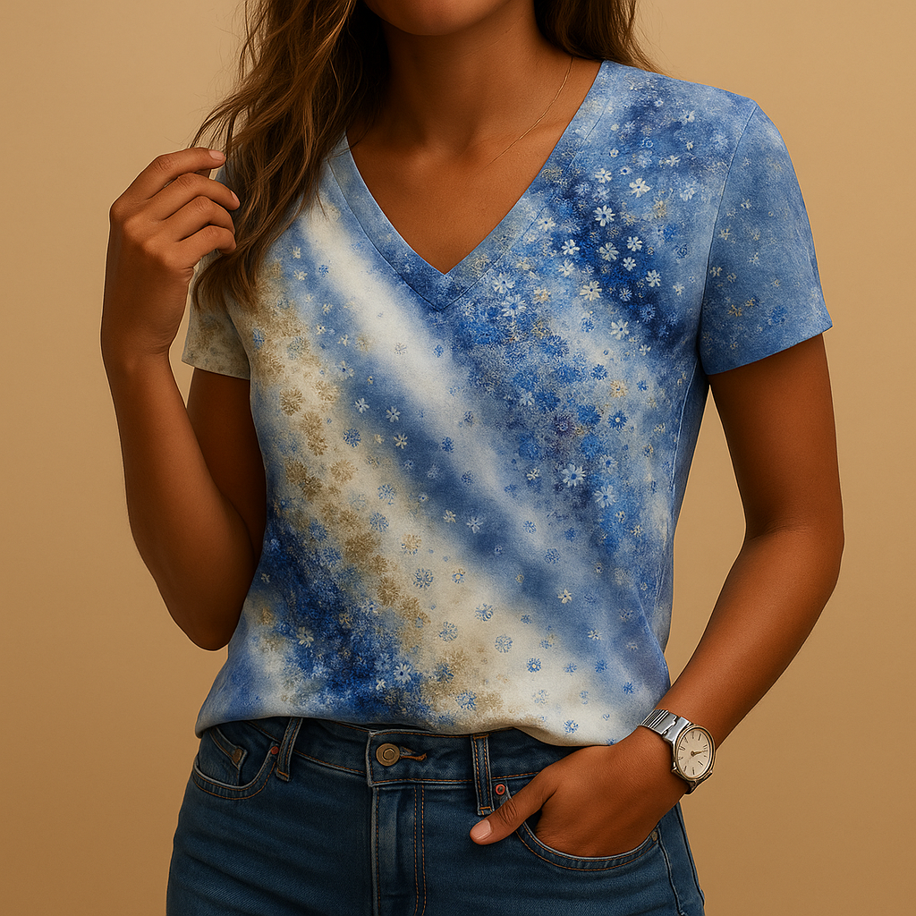 Gradient V-neck Summer Blouse - Lightweight Fabric, Casual Style for Women - Ideal for Warm Weather Outfits