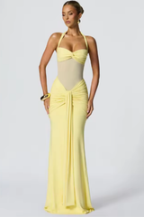 Halter Neck Ruched Maxi Dress for Women | Elegant Wedding Guest Attire