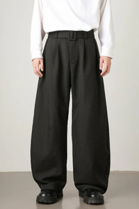 High Waist Pleated Wide Leg Trousers with Adjustable Belt for Men