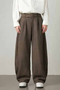 High Waist Pleated Wide Leg Trousers with Adjustable Belt for Men