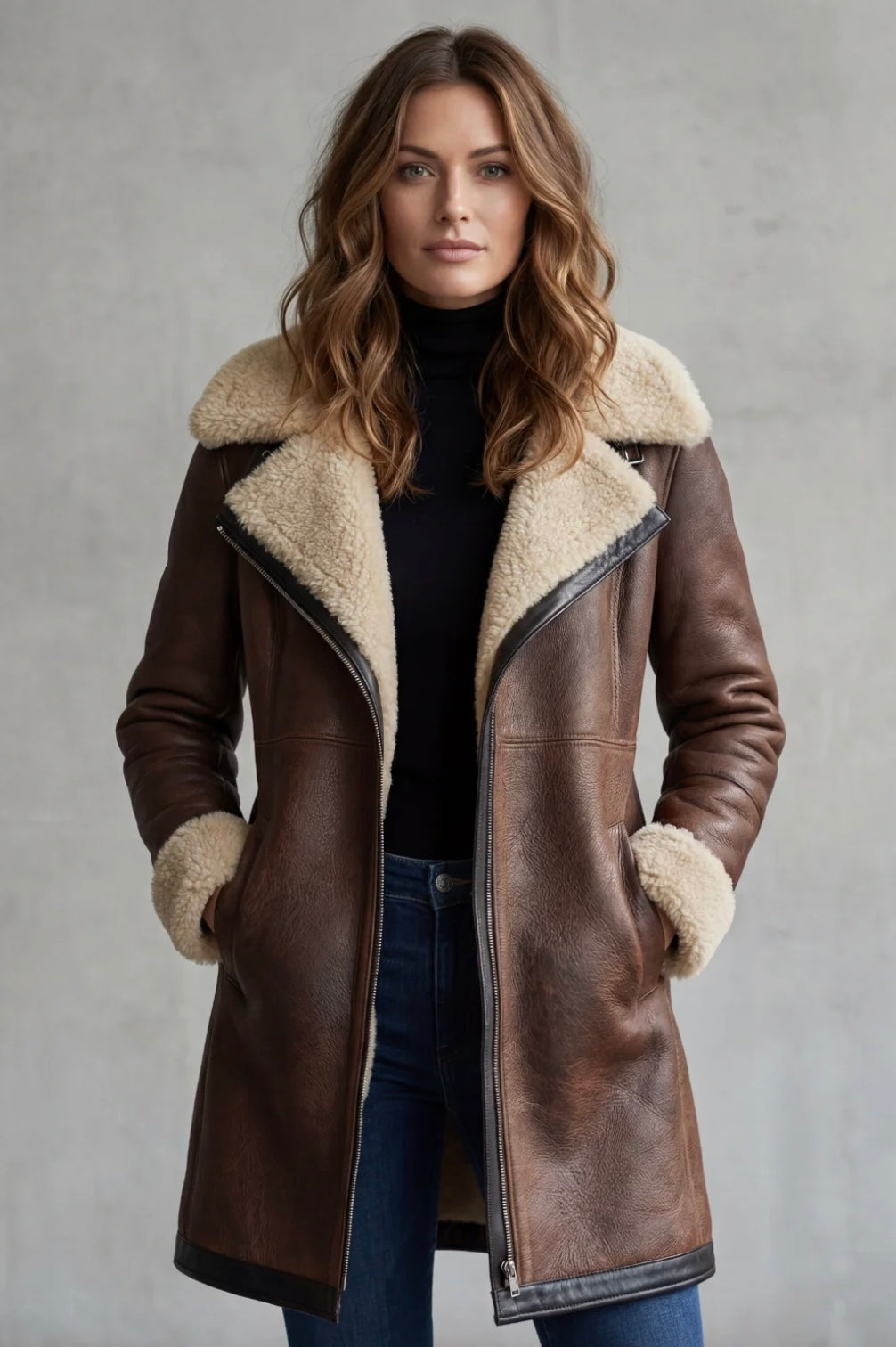 Women's Shearling-Lined Leather Jacket in Brown – Brown