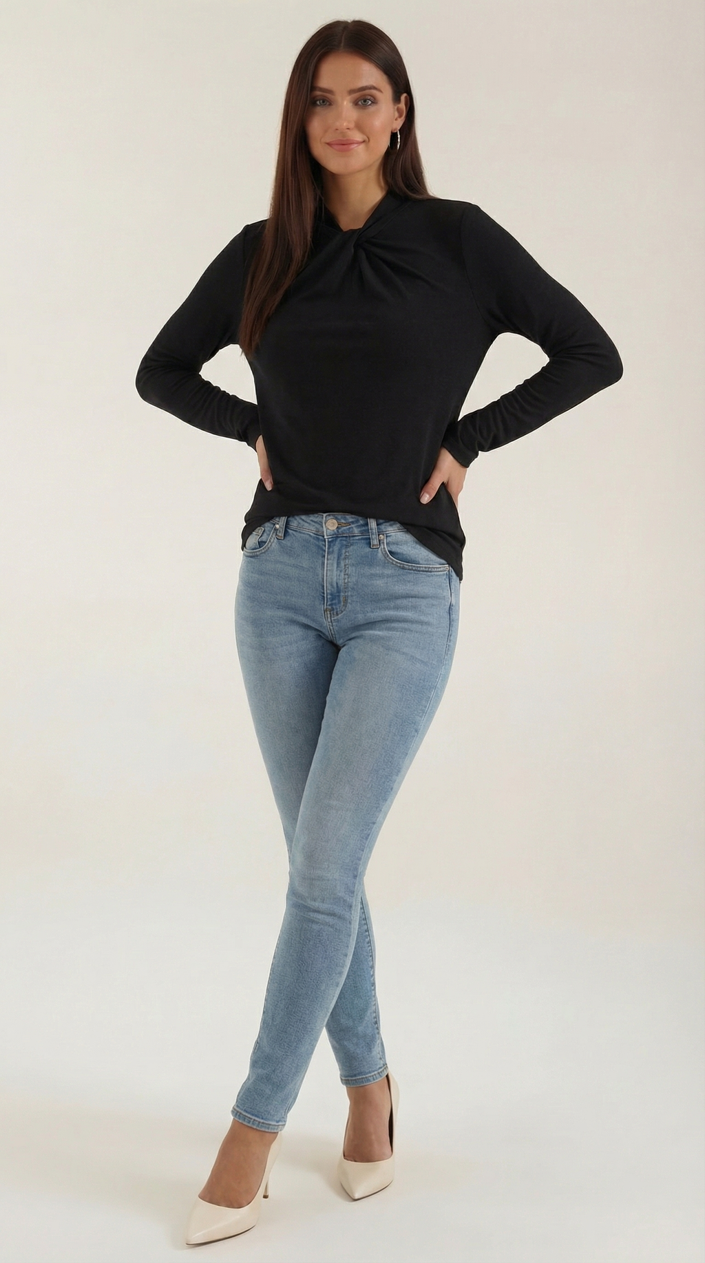 Knotted Mock Neck Blouse in Lightweight Fabric for Casual or Office Wear