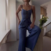 Lace-Up Women's Top and Wide Leg Pants Set for Casual Wear