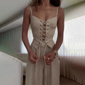 Lace-Up Women's Top and Wide Leg Pants Set for Casual Wear