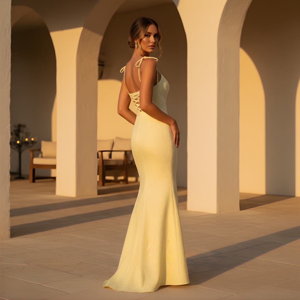 Lemon Floral Jacquard Maxi Dress for Women - Elegant Summer Wear