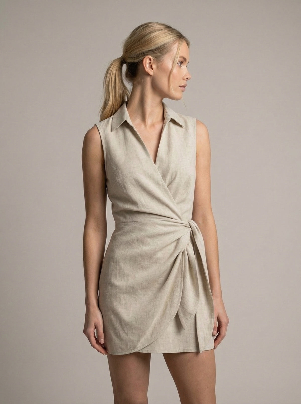 Linen Blend Sleeveless Wrap Mini Dress for Women - Casual Summer Fashion