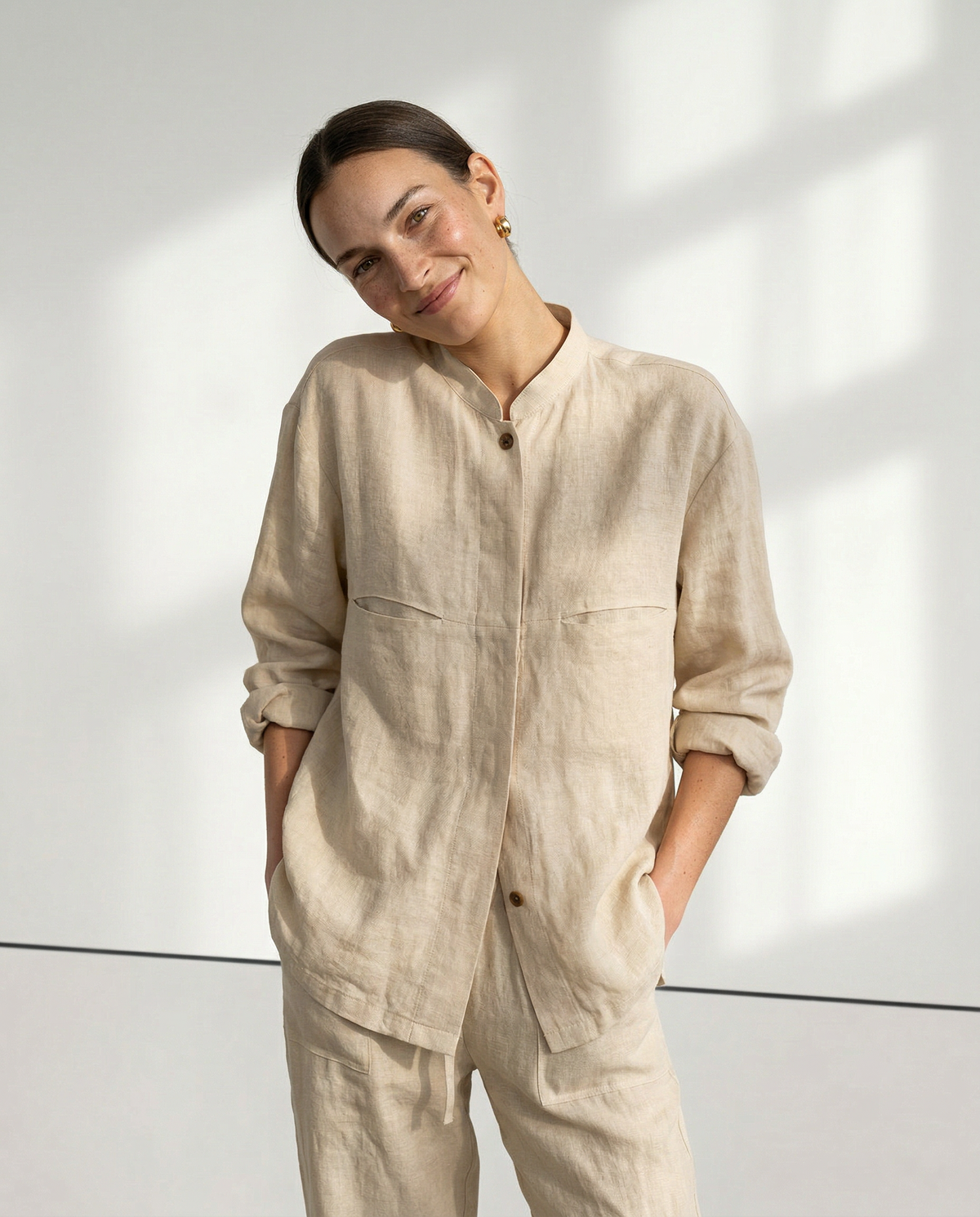 Linen Madeline Collar Jacket Shirt for Women - Casual Summer Wear