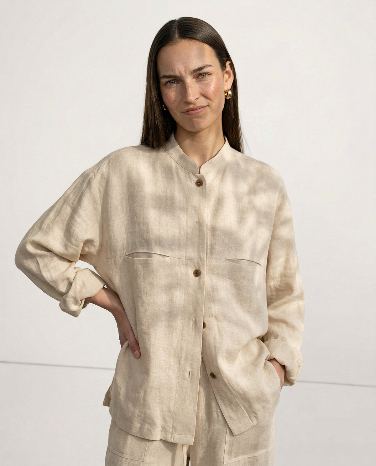 Linen Madeline Collar Jacket Shirt for Women - Casual Summer Wear