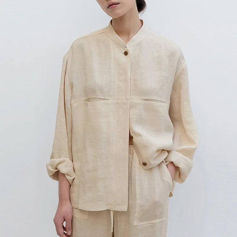 Linen Madeline Collar Jacket Shirt for Women - Casual Summer Wear