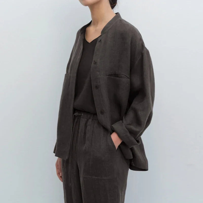 Linen Madeline Collar Jacket Shirt for Women - Casual Summer Wear