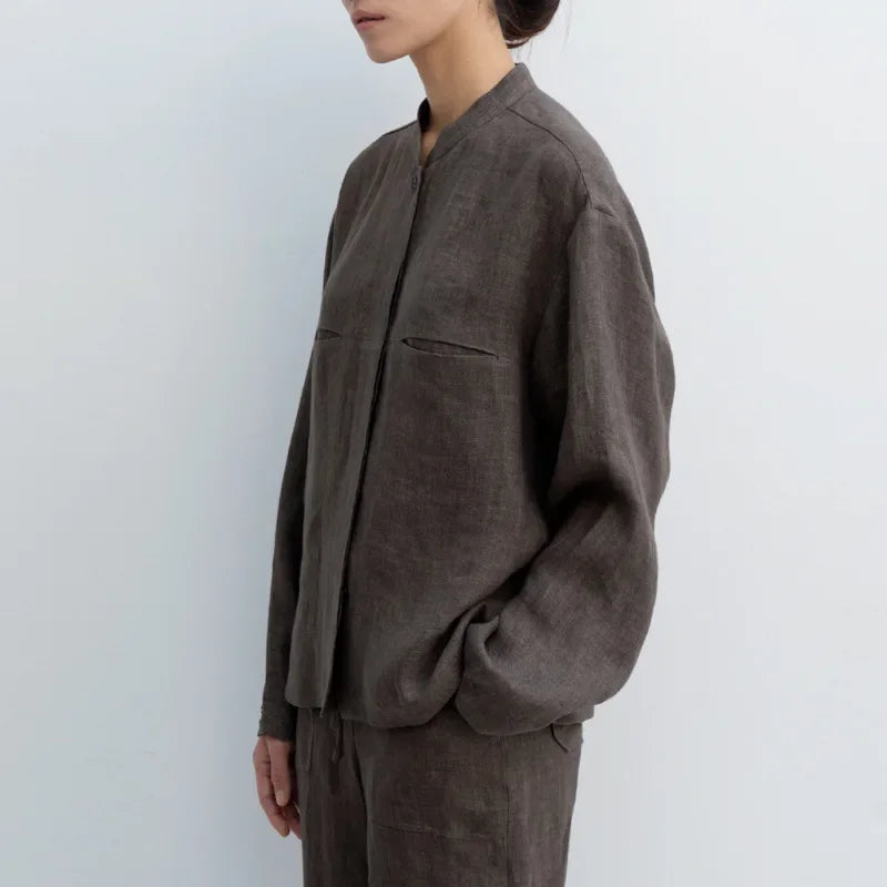 Linen Madeline Collar Jacket Shirt for Women - Casual Summer Wear