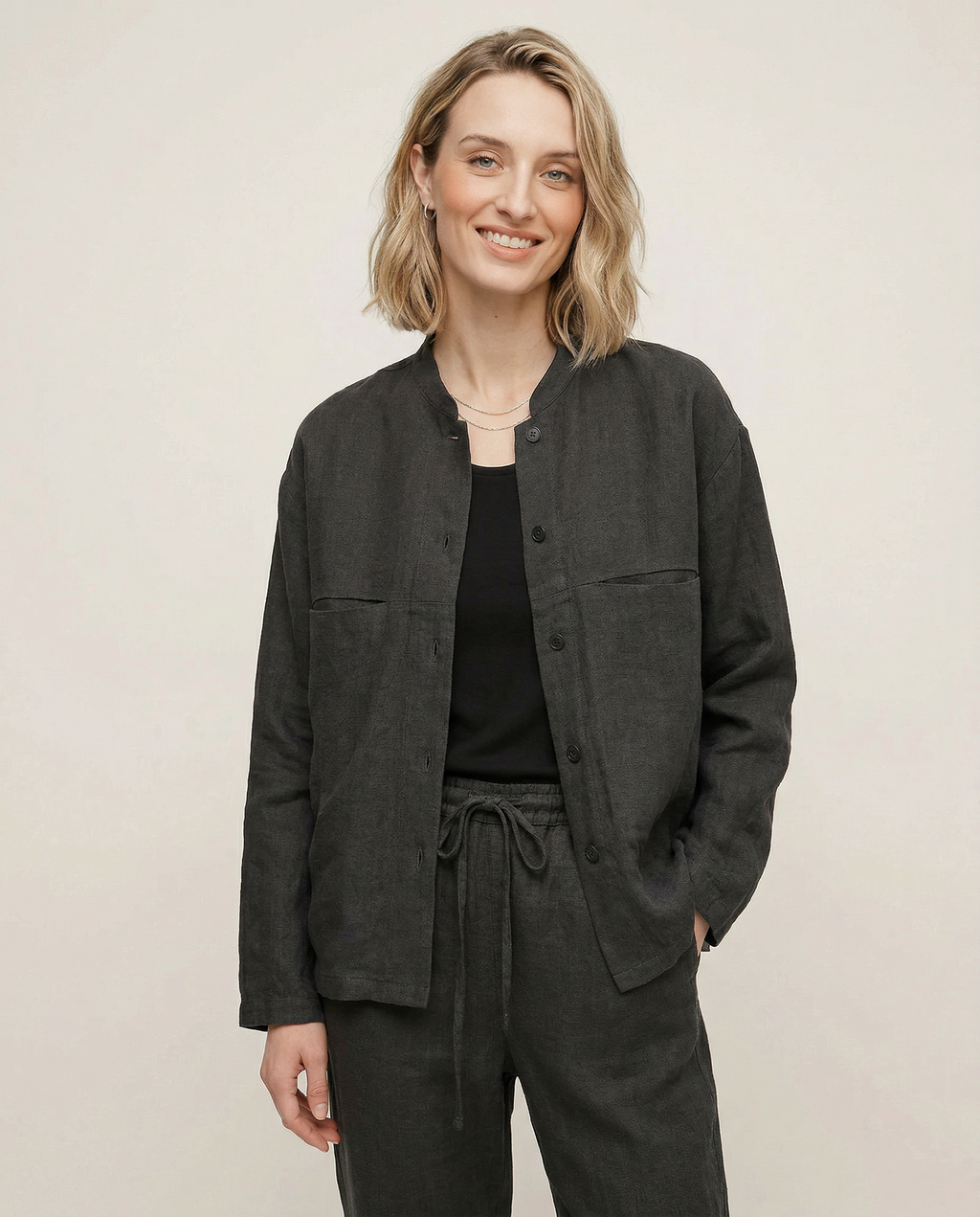 Linen Madeline Collar Jacket Shirt for Women - Casual Summer Wear