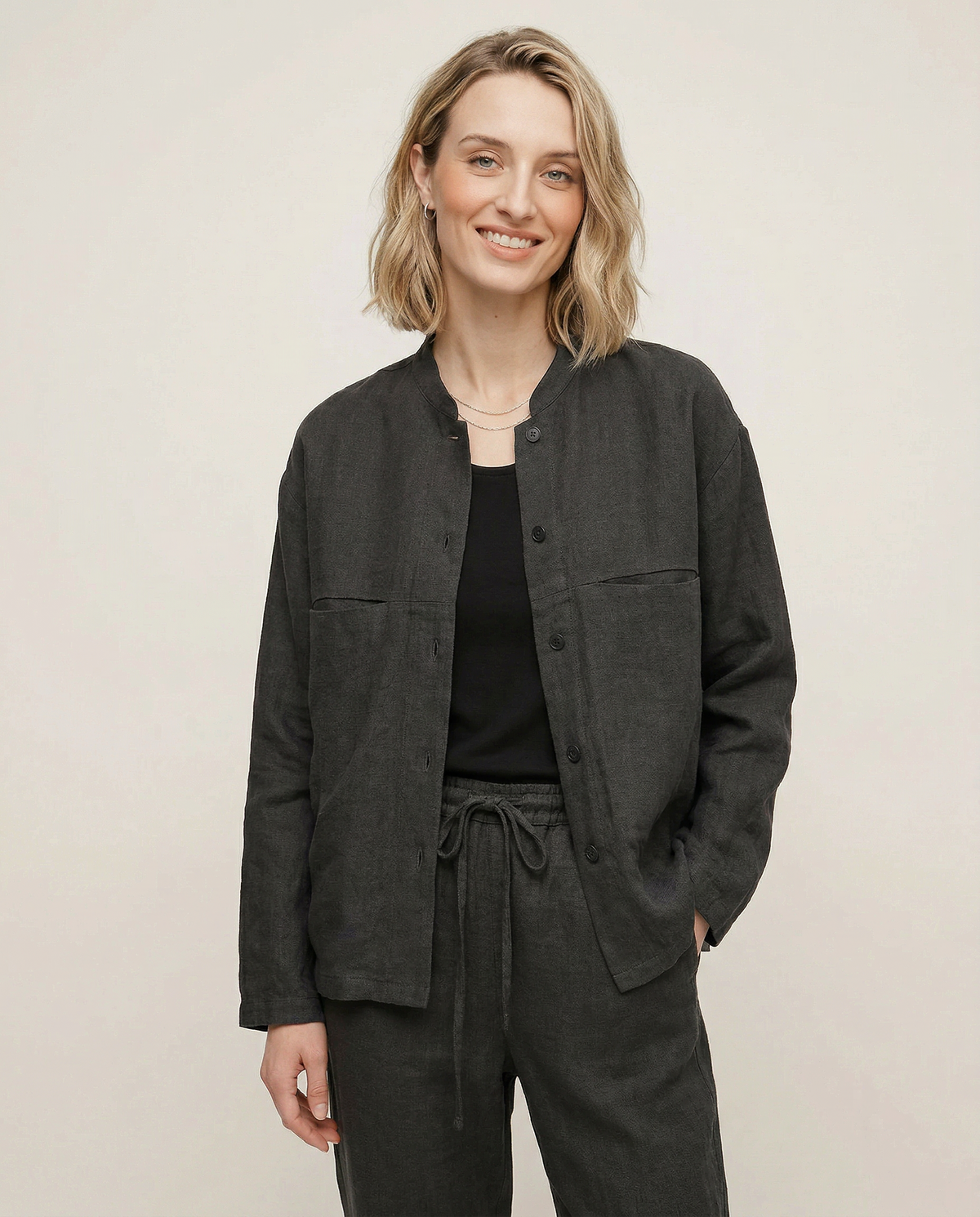 Linen Madeline Collar Jacket Shirt for Women - Casual Summer Wear