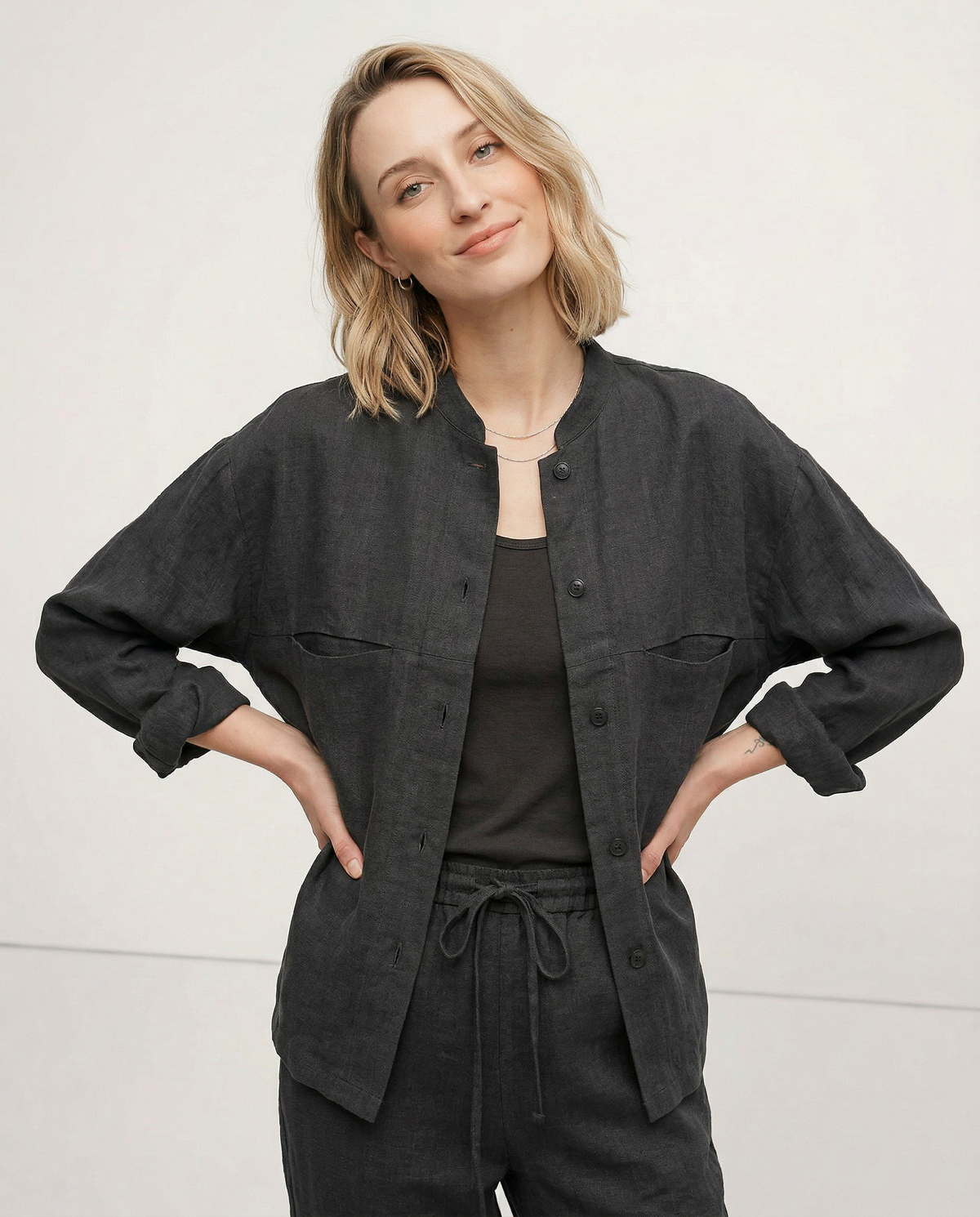 Linen Madeline Collar Jacket Shirt for Women - Casual Summer Wear